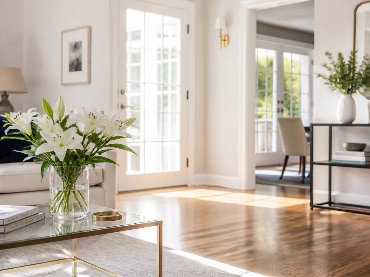 Bright, freshly cleaned living room with hardwood floors