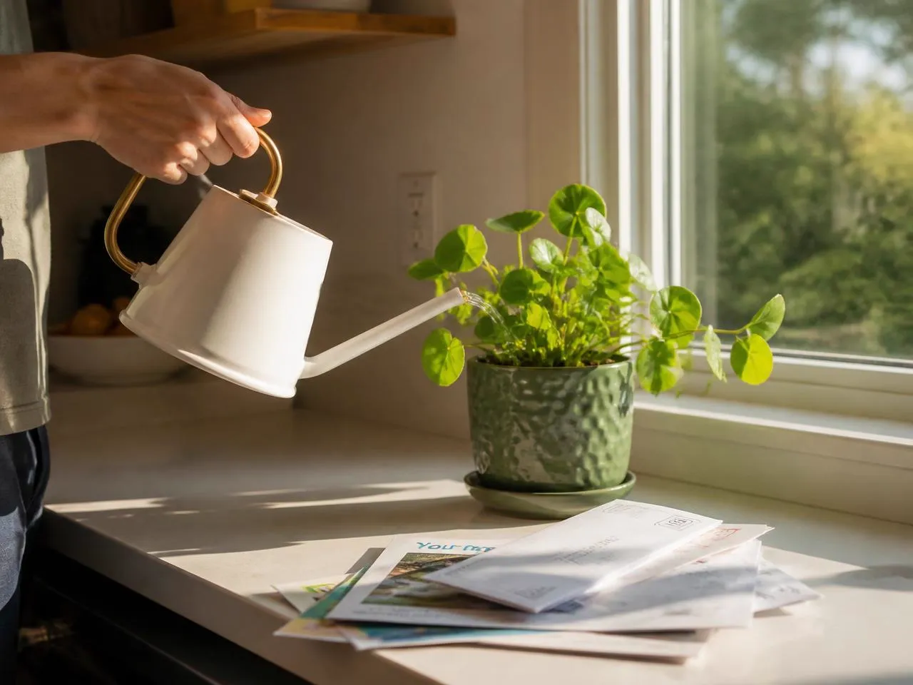 Hand watering a potted plant on a sunny window sill next to mail