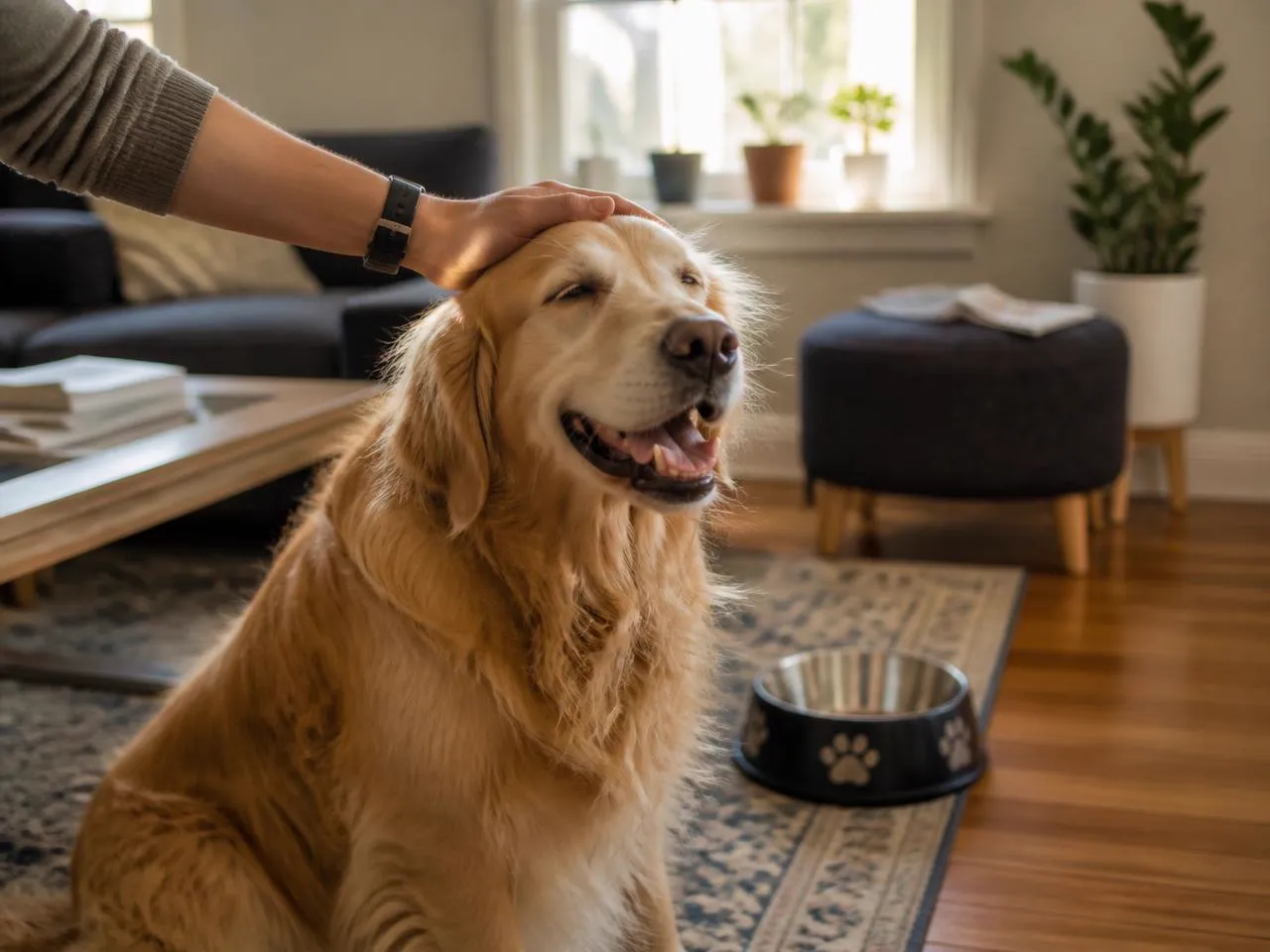 Golden retriever being gently petted at home